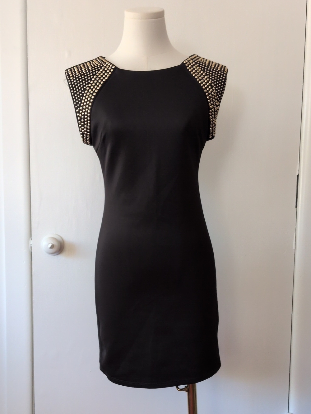 Forever 21 Gold Studded Shoulder Bodycon Black Dress - Size Small